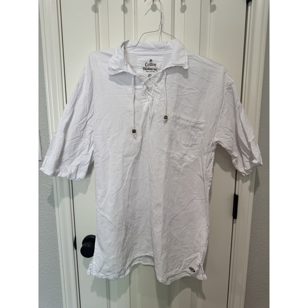 VTG Beach Shirt Lace Up Cotton Large Pirate Pocket Beach Surf Mens FLAW READ